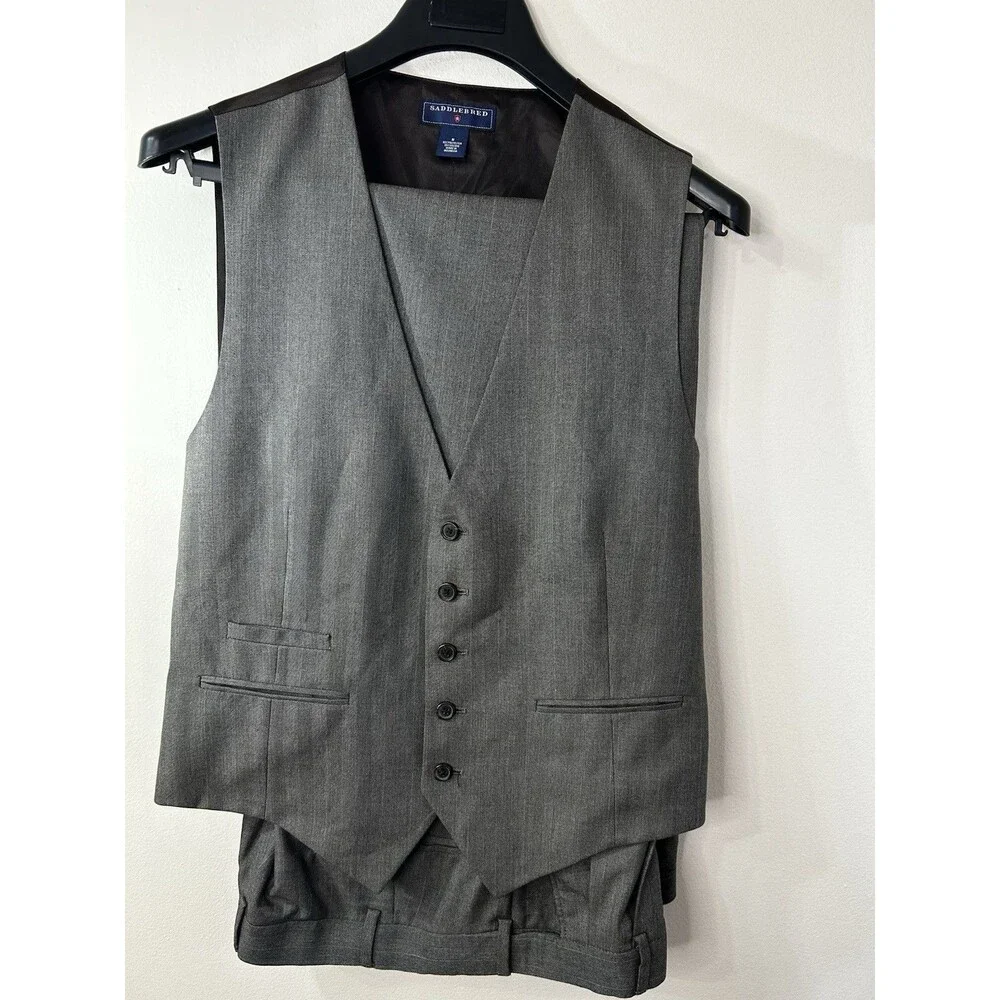 Saddlebred Brown Gray Herringbone 3-Piece Suit 42L Single-Breasted Pants 34x32